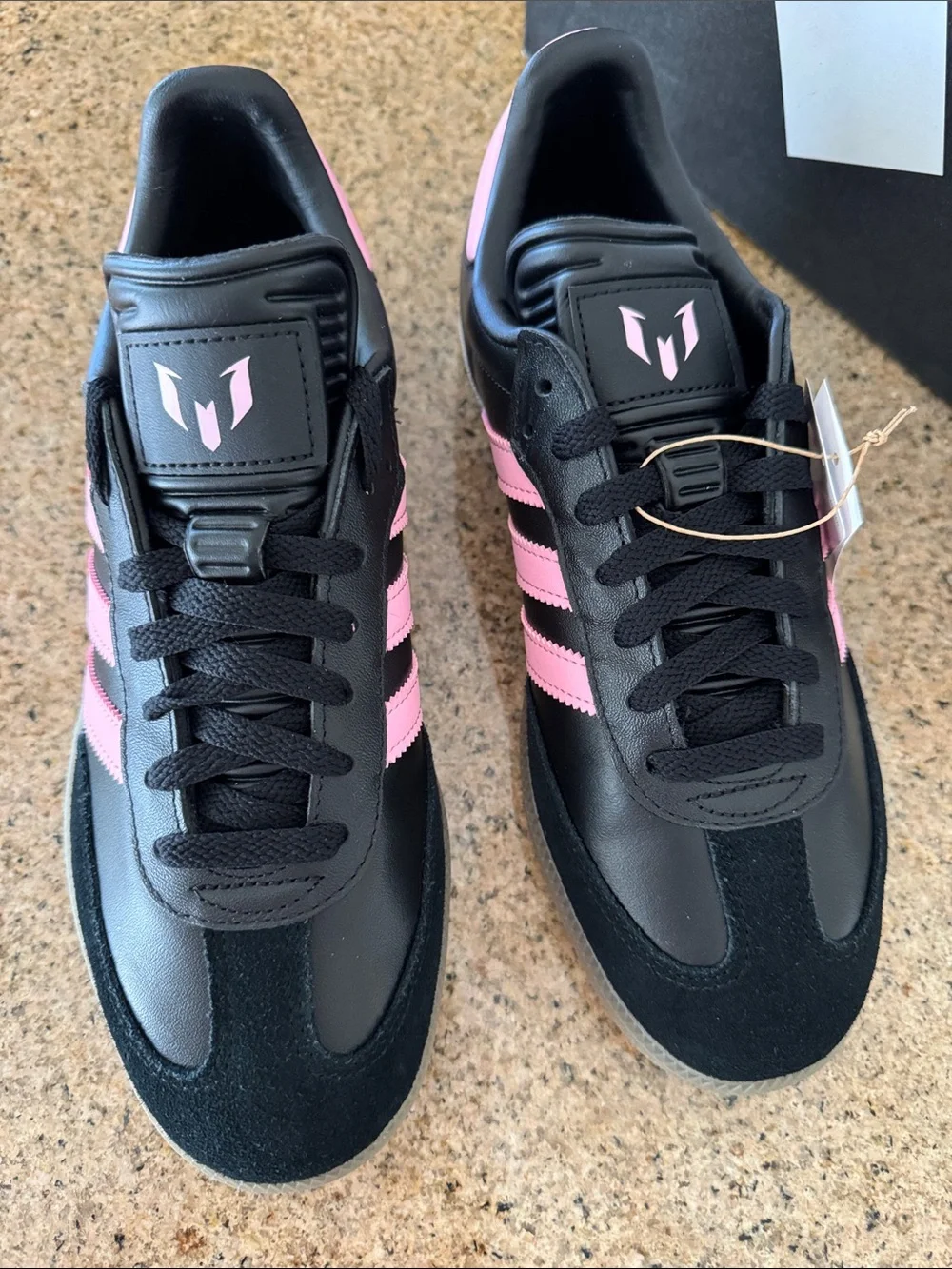 adidas Samba MESSI SOCCER Black with Pink Stripes and Gum Sole 8.5 men/9.5 women